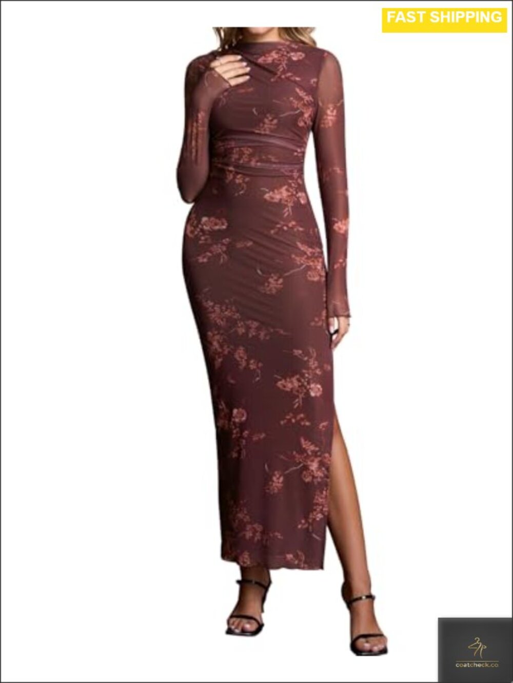 Women's Long Sleeve Mesh Bodycon Maxi Dress Mock Neck Side Slit Formal